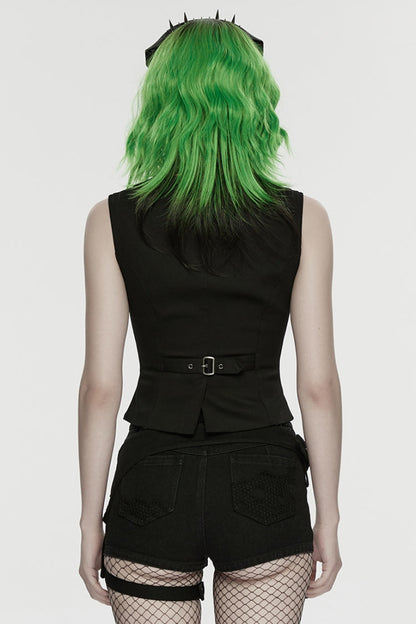 Black V Collar Sleeveless Embossed Printed Studded Zippered Women's Punk Vest