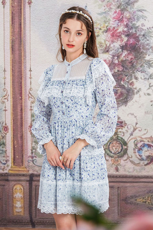Blue Chiffon Stand Collar French Lace Floral Embroidered Trumpet Long Sleeves Ruffled Sweet Lolita OP Dress