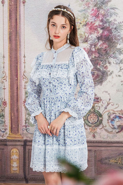 Blue Chiffon Stand Collar French Lace Floral Embroidered Trumpet Long Sleeves Ruffled Sweet Lolita OP Dress