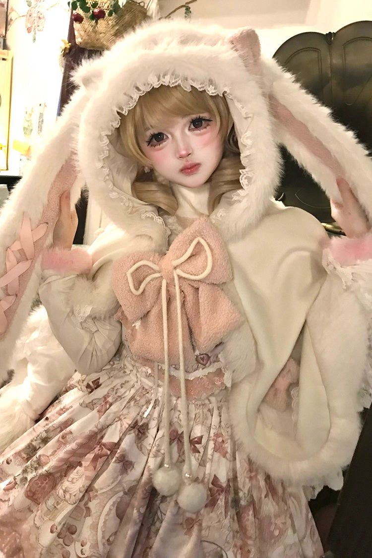 Ivory Cloud-Like Plush Bunny Ear Embroidered Bow Lace Sweet Lolita Cape Coat