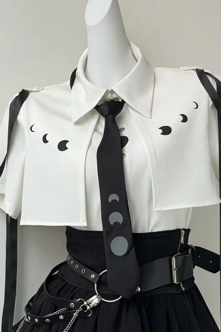 White/Black [Moonlight Flowing] Long/Short Sleeves Ruffled Asymmetric Gothic Jirai Kei Skirt Set