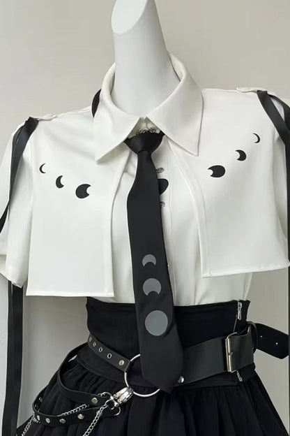 White/Black [Moonlight Flowing] Long/Short Sleeves Ruffled Asymmetric Gothic Jirai Kei Skirt Set