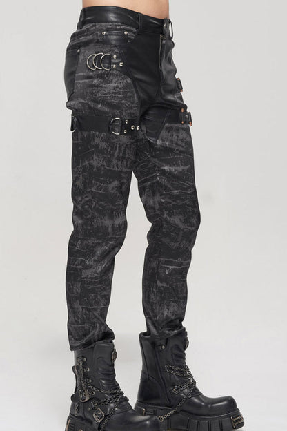 Black Punk Do Old Print Detachable Multi-Pocket Splicing Metal Rivet Decoration Men's Long Pants