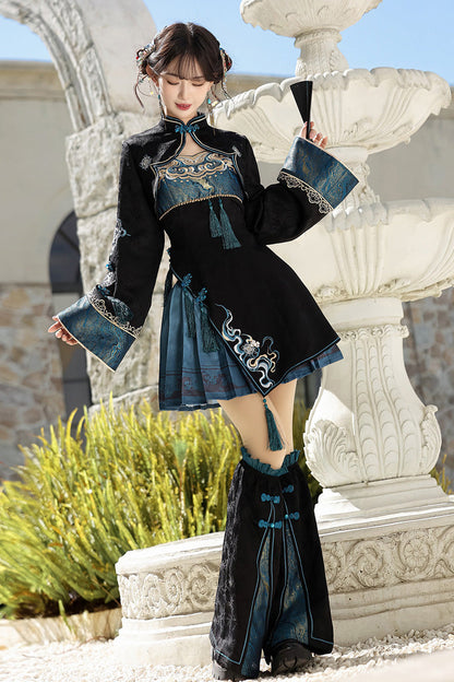 Black/Blue [Misty Teal] Long Sleeves Ruffled Cut-Out Embroidered Asymmetric Chinese Style Classic Lolita Jsk Dress Set
