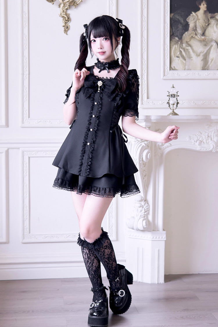 Black [Waltz] Short Sleeves Ruffle Bowknot Gothic Jirai Kei Japanese Dress Set