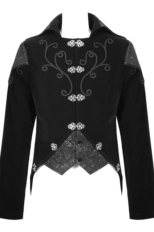 Black Vintage Fake Two Pieces Embroidered Velvet Gothic Mens Coat