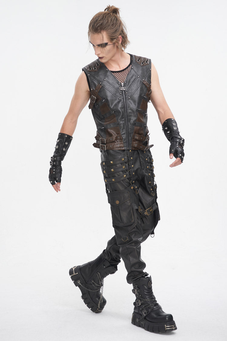 Black Studded Faux Leather Men's Punk Vest