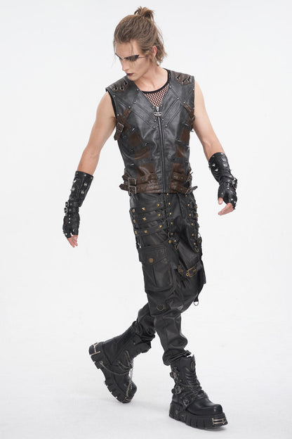 Black Studded Faux Leather Men's Punk Vest