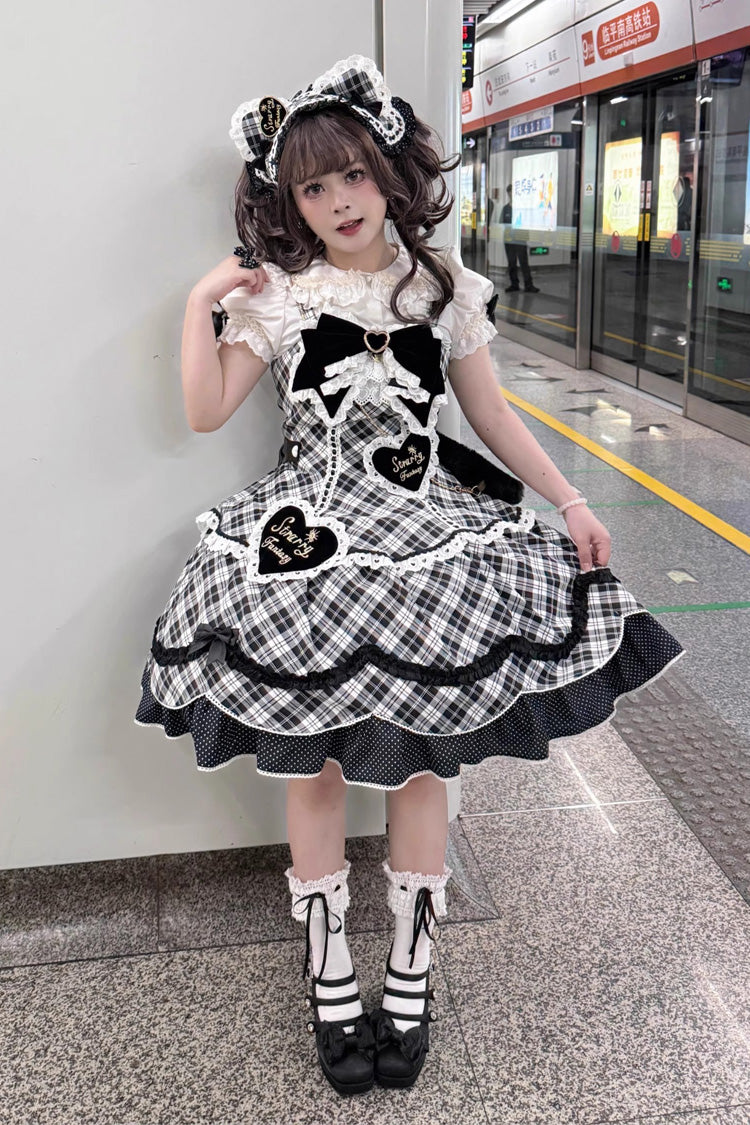 Black/White [Shibuya Sweetheart] Sleeveless Plaid Print Ruffle Bowknot Sweet Lolita Jsk Dress (Plus Size Support)