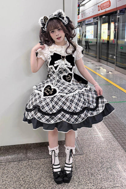 Black/White [Shibuya Sweetheart] Sleeveless Plaid Print Ruffle Bowknot Sweet Lolita Jsk Dress (Plus Size Support)