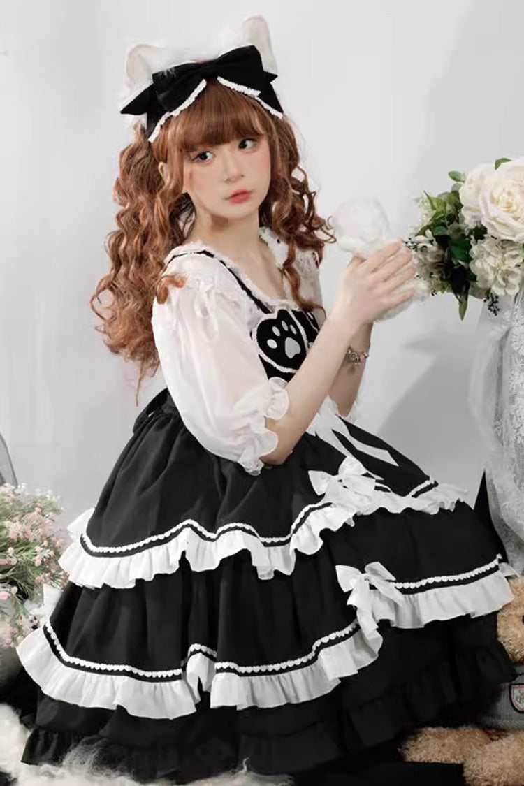 Black/White Bear Paw Print Ruffle Bowknot Sweet Princess Lolita Jsk Dress