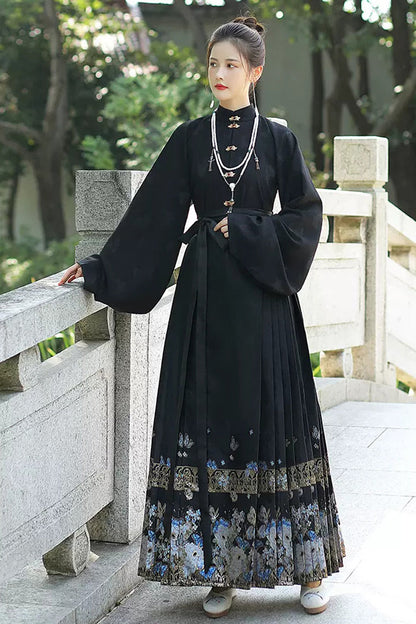 Black Stand Collar High Waisted Print Women's Classic Chinese Style Hanfu Skirt With Blouse