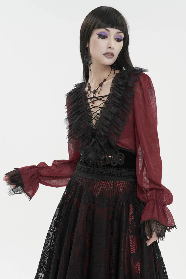 Red Thin Waist Plaid Stitching Layered Lace Long Sleeves Women's Gothic Shirt