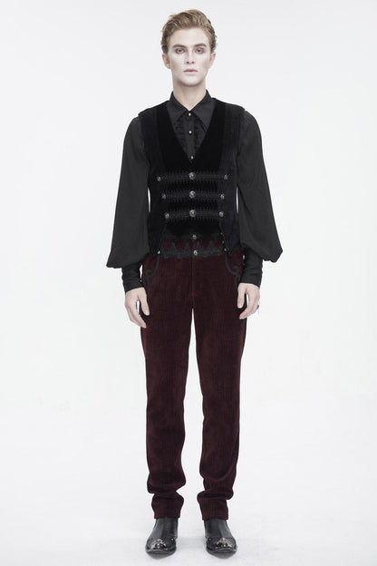 Black Velvet Irregular Splice Corduroy Men's Gothic Waistcoat