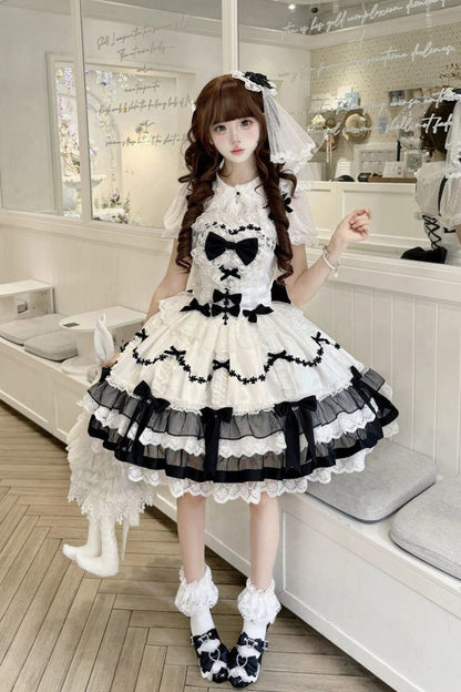 Black/White [Scarlet Heart Cocoa] Sleeveless Triple-Layered Ruffle Embroidery Bowknot Lace Sweet Lolita Jsk Dress