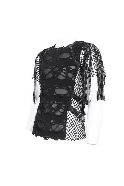 Black Round Collar Mesh Stitching Men's Punk T-Shirt