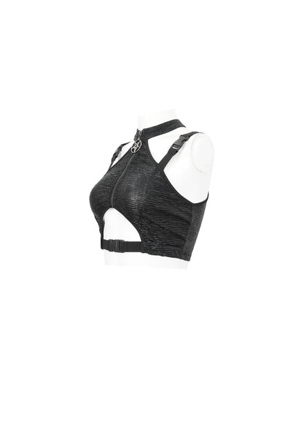 Black Slim Knit Mechanic Computer Moire Adjustable Women's Punk Halter Vest