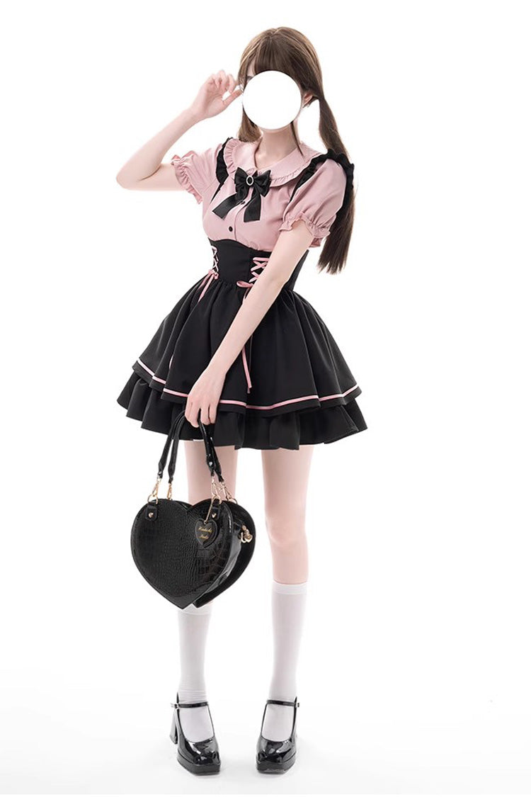 Black/Pink First Sakura Short Sleeves Multi-layer Lace-Up Sweet Jirai Kei Japanese Set