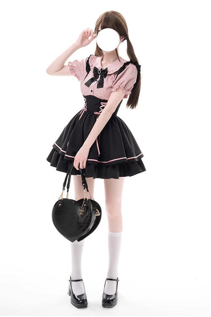 Black/Pink First Sakura Short Sleeves Multi-layer Lace-Up Sweet Jirai Kei Japanese Set