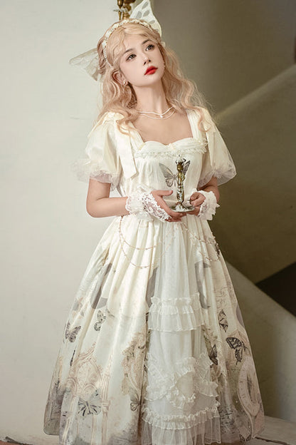 Vintage Elegant Lace Square Collar Bubble Short Sleeves Time Butterfly Print High Waisted Sweet Lolita Dress