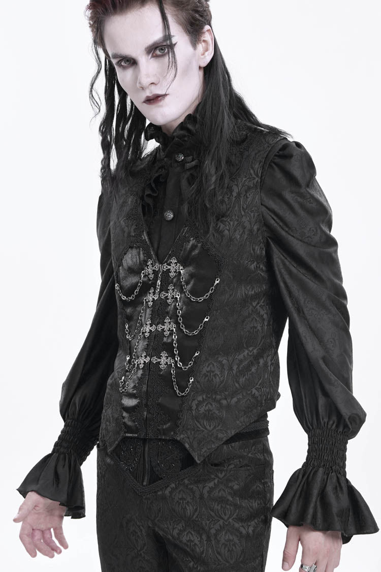 Black Sleeveless Jacquard Chain Buckle-up Men's Gothic Vest