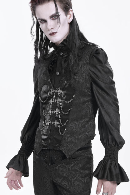 Black Sleeveless Jacquard Chain Buckle-up Men's Gothic Vest