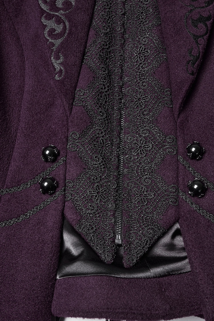 Purple Stand Collar Long Sleeves Embroidered Lace-Up Zippered Women's Gothic Jacket