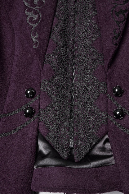 Purple Stand Collar Long Sleeves Embroidered Lace-Up Zippered Women's Gothic Jacket