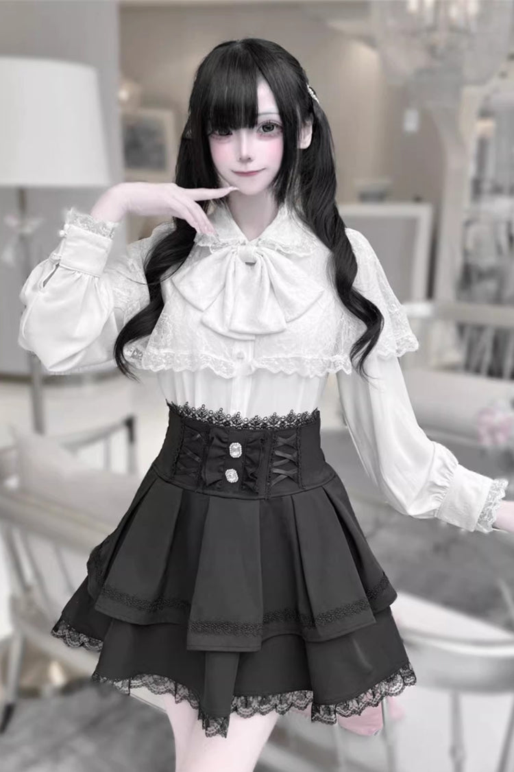 [Dark Moon Shadow] Long Sleeves Double-Layered Ruffled Embroidered Bow Lace-Up Gothic Jirai Kei Lolita Top + Skirt Set