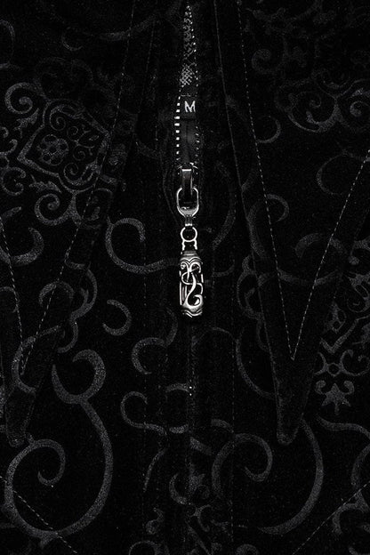 Black Stand Collar Jacquard Print Waist Cord Decoration Mens Gothic Mid Length Coat