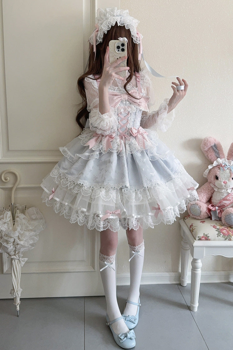 Blue [Fleishi Island] Sleeveless Ruffle Bowknot Lace Slim Sweet Ballet Lolita Jsk Dress
