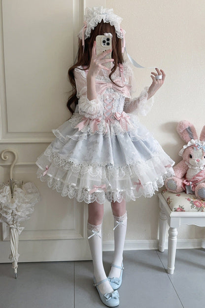 Blue [Fleishi Island] Sleeveless Ruffle Bowknot Lace Slim Sweet Ballet Lolita Jsk Dress