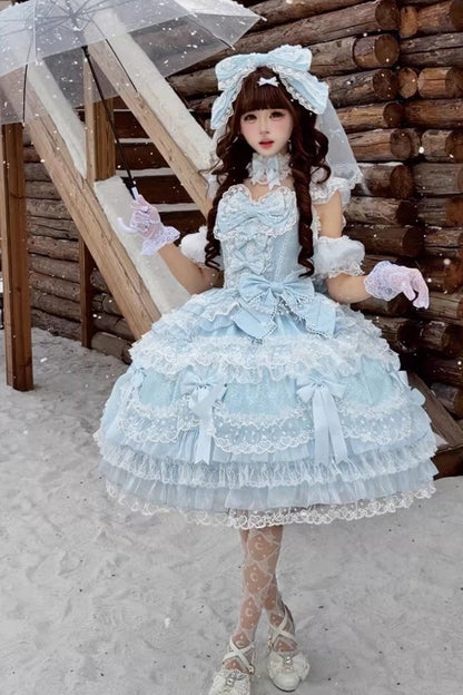 Blue [Dream of the Misty Moon] Sleeveless Multi-Layered Ruffled Bow Lace Pearl-Decorated Sweet Princess Lolita Jsk Dress