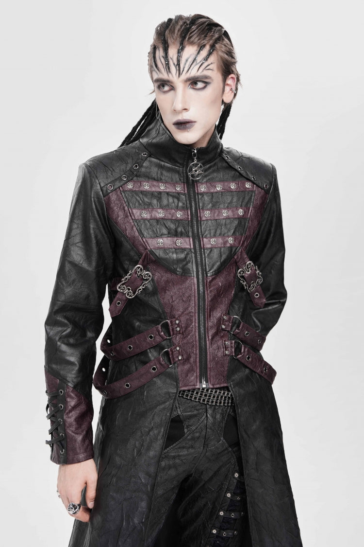 Black/Red Stand Collar Zipper Straps Eyelet Men's Punk Coat