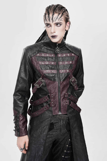 Black/Red Stand Collar Zipper Straps Eyelet Men's Punk Coat