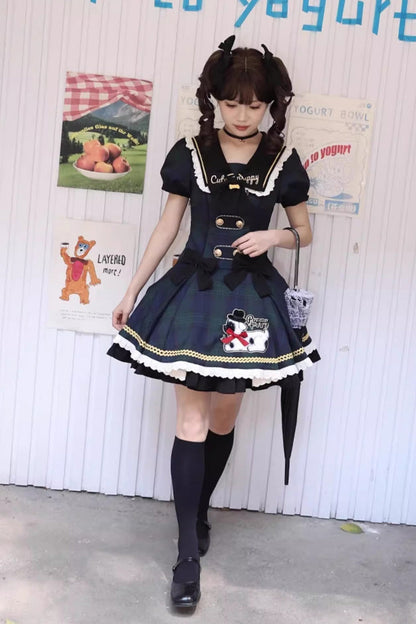 Blue [Dalmatian] Short Sleeves Print Ruffle Bowknot Slim Sweet Lolita Dress