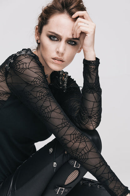 Black Sexy Transparent Spiderweb Back Mesh Long Sleeves Punk Women T-Shirt