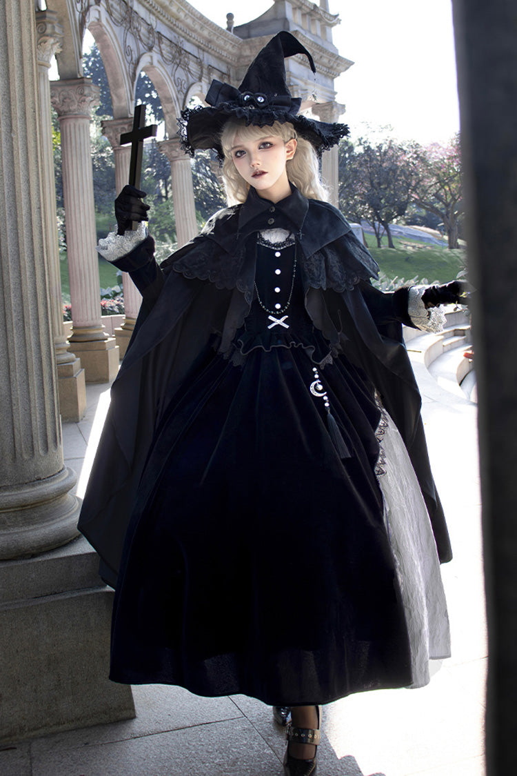 Black Witch Long Sleeves Ruffle Bowknot Stitching Lace Gothic Lolita Long Dress