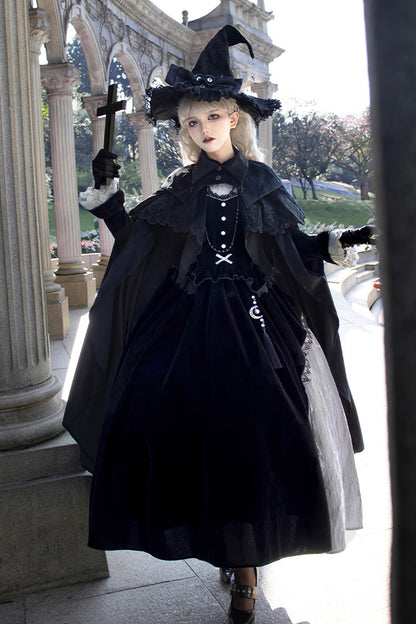 Black Witch Long Sleeves Ruffle Bowknot Stitching Lace Gothic Lolita Long Dress