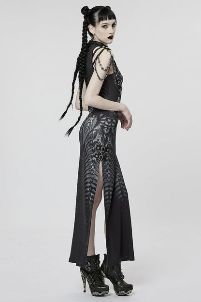 Black Print Lace-Up Side Slit Women's Gothic Dress with Chain