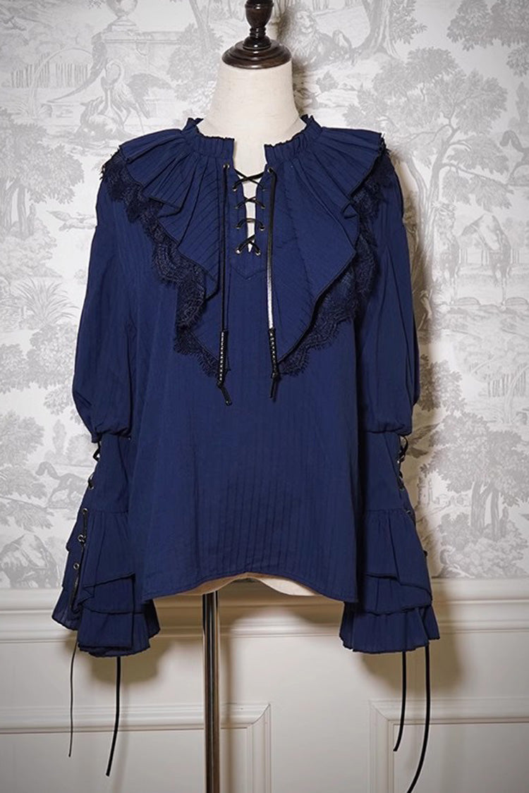 Blue Pirate Series Navigation Treasure Hunting Guide V Collar Long Hime Sleeves Ouji Lolita Blouse
