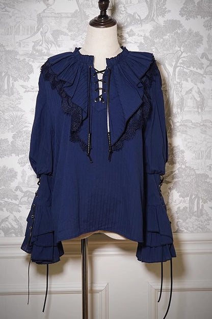 Blue Pirate Series Navigation Treasure Hunting Guide V Collar Long Hime Sleeves Ouji Lolita Blouse