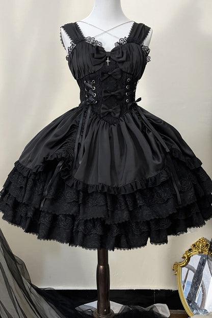 Black [Cross of Merit] Multi-Layered Bowknot Lace Gothic Lolita Jsk Dress
