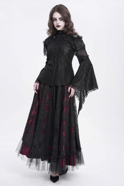 Black Stand Collar Long Trumpet Sleeves Embroidery Stitching Lace Women's Gothic Blouse
