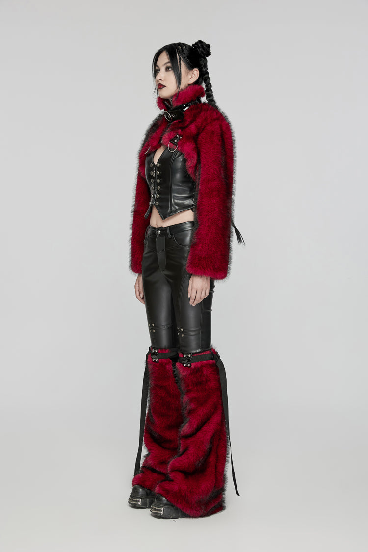Red Stand Collar Long Sleeves Women's Punk Faux Fur Short Jacket