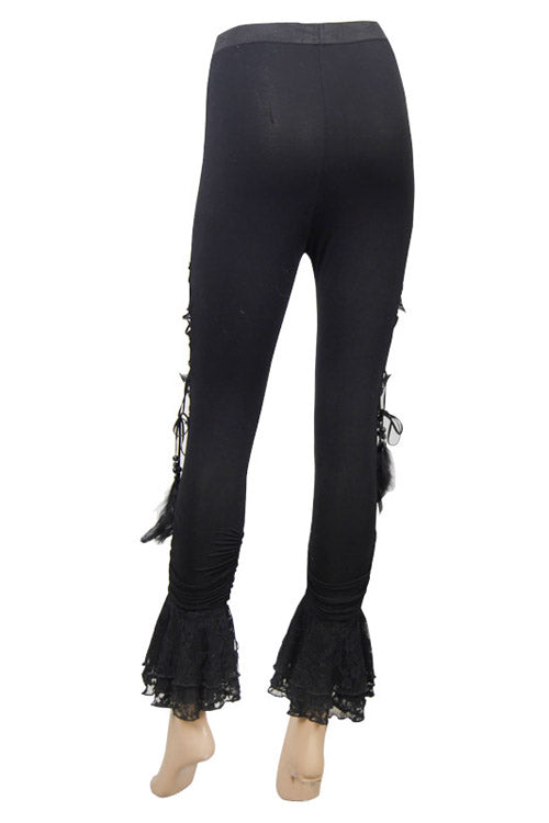 Black Side Hollow Out Lace Up Slit Lace Hem Gothic Womens Pants