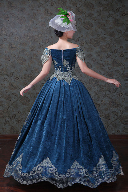 Blue Boat Neck Off-The-Shoulder High Waisted Embroidery Floral Print Victorian Lolita Prom Dress