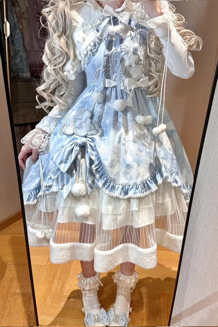 Blue [Cloud Dreamland] Cut-Out Embroidered Bow Lace Asymmetric Sweet Elegant Lolita Jsk Dress Set