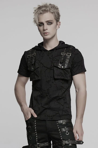 Black Short Sleeves Big-pocket Tie-dyed Hooded Men's Punk T-Shirt