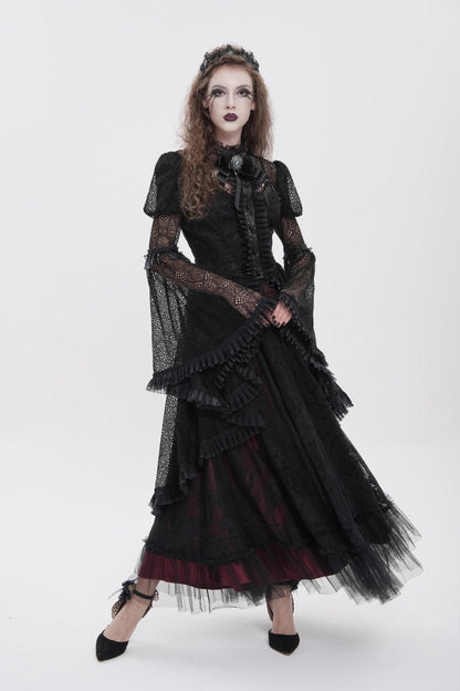 Black Stand Collar Long Trumpet Sleeves Cut-Out Women's Gothic Gorgeous Blouse